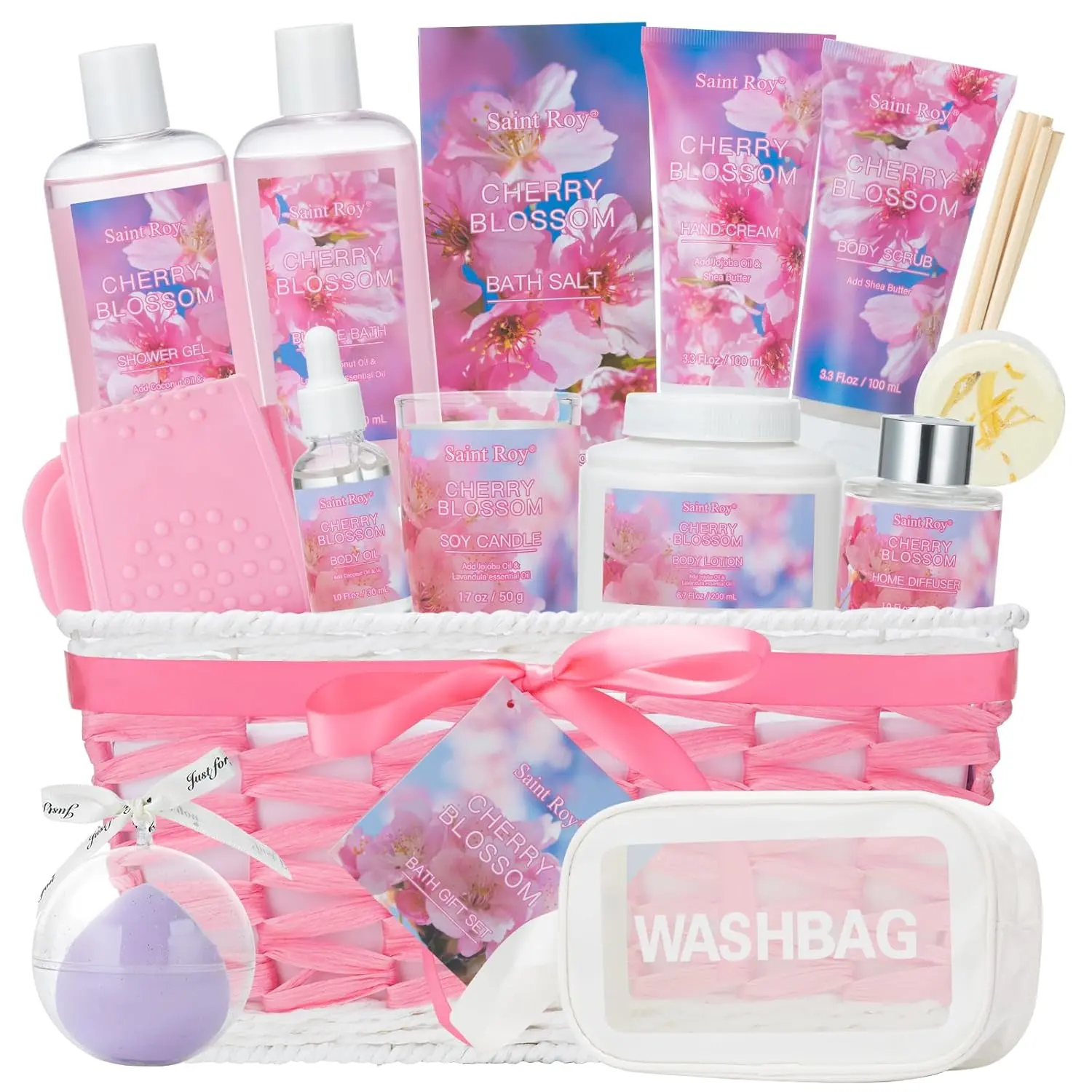 Spa Gifts for Women, Home Spa Gift Basket, Luxury 19 Pcs Gift Set for Women Enchanted Cherry Blossom Scent Bath & Body Gift Set, Pamper Gifts for Women & Teens Spa Kit Birthday Gift, Spa Gifts Saint Roy