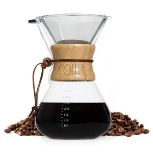 Rae Dunn Glass Pour Over Coffee Maker, 34oz Carafe with Reusable Stainless-Steel Filter and Elegant Bamboo Finish, Great for Brewing Coffee