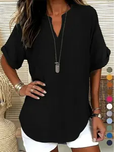 Women's Solid Notched V-Neck Short Sleeve Fitted Blouse, Casual Women’s Tops for Daily Wear, Summer & All-Season Ladies Clothing, Polyester Clothing
