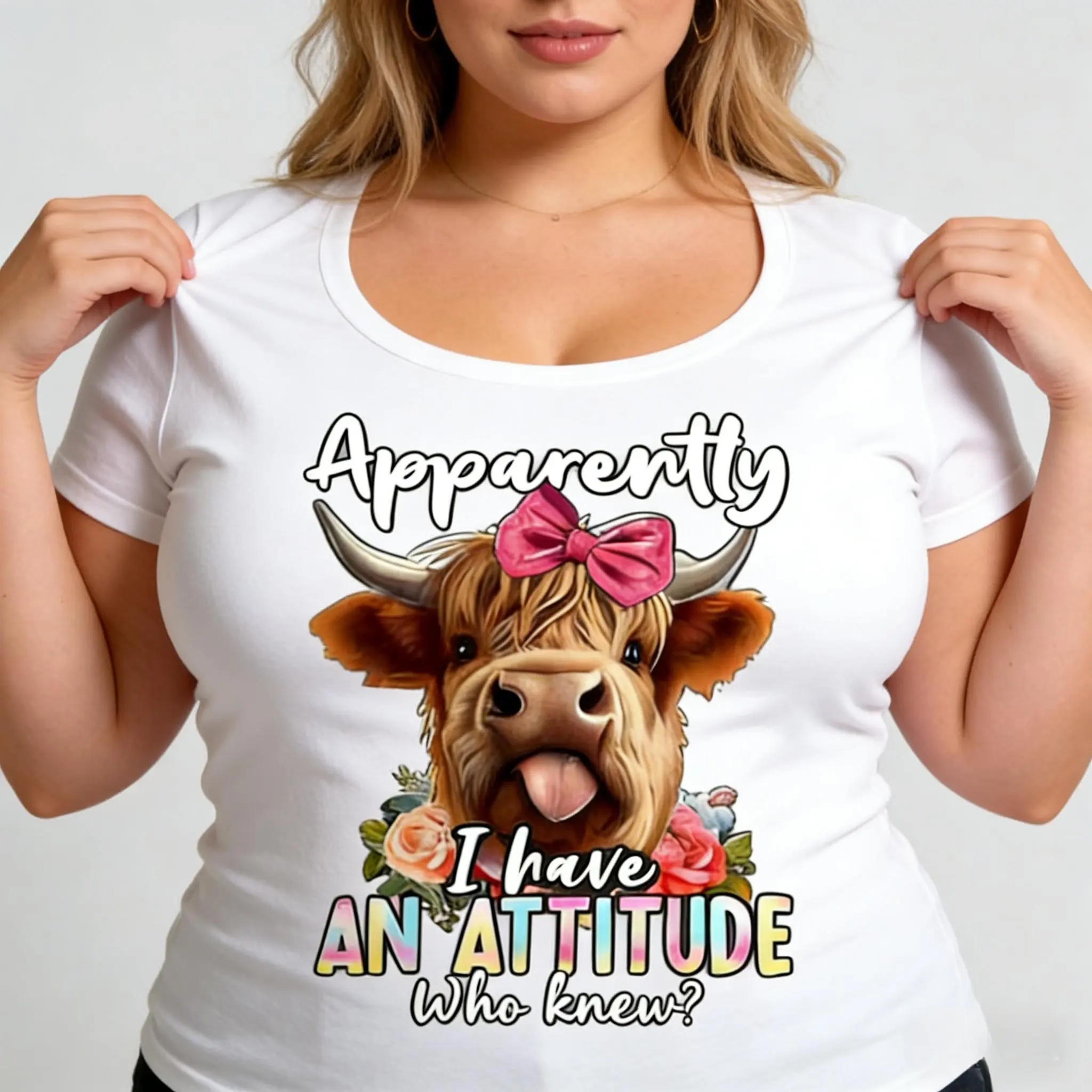 Women's Light Tropical Printed Cotton Sarcastic Highland Cow Attitude Round Neck Short Sleeve Tee - Sports Golf Casual Clothes, Breathable Fabric, S-3XL Tshirt