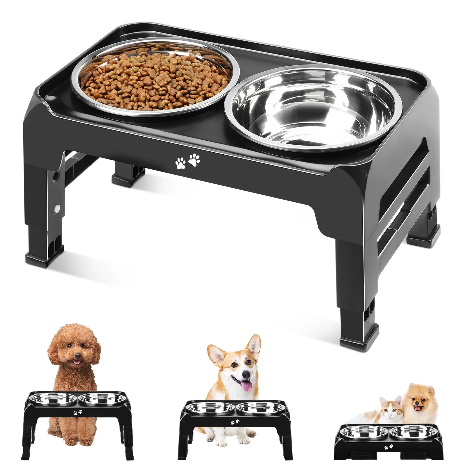 Elevated Dog Bowls for Small Medium Dogs, 3 Height Adjustable Raised Dog Bowl Stand with 2 Thick Stainless Steel Dog Food Bowls, Non-slip Dog Feeder