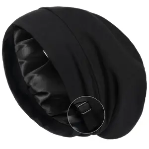 Pure Black Satin Lined Slouchy Beanie Hat Sleep Cap Satin Bonnet Chemo Headwear for Women and Men