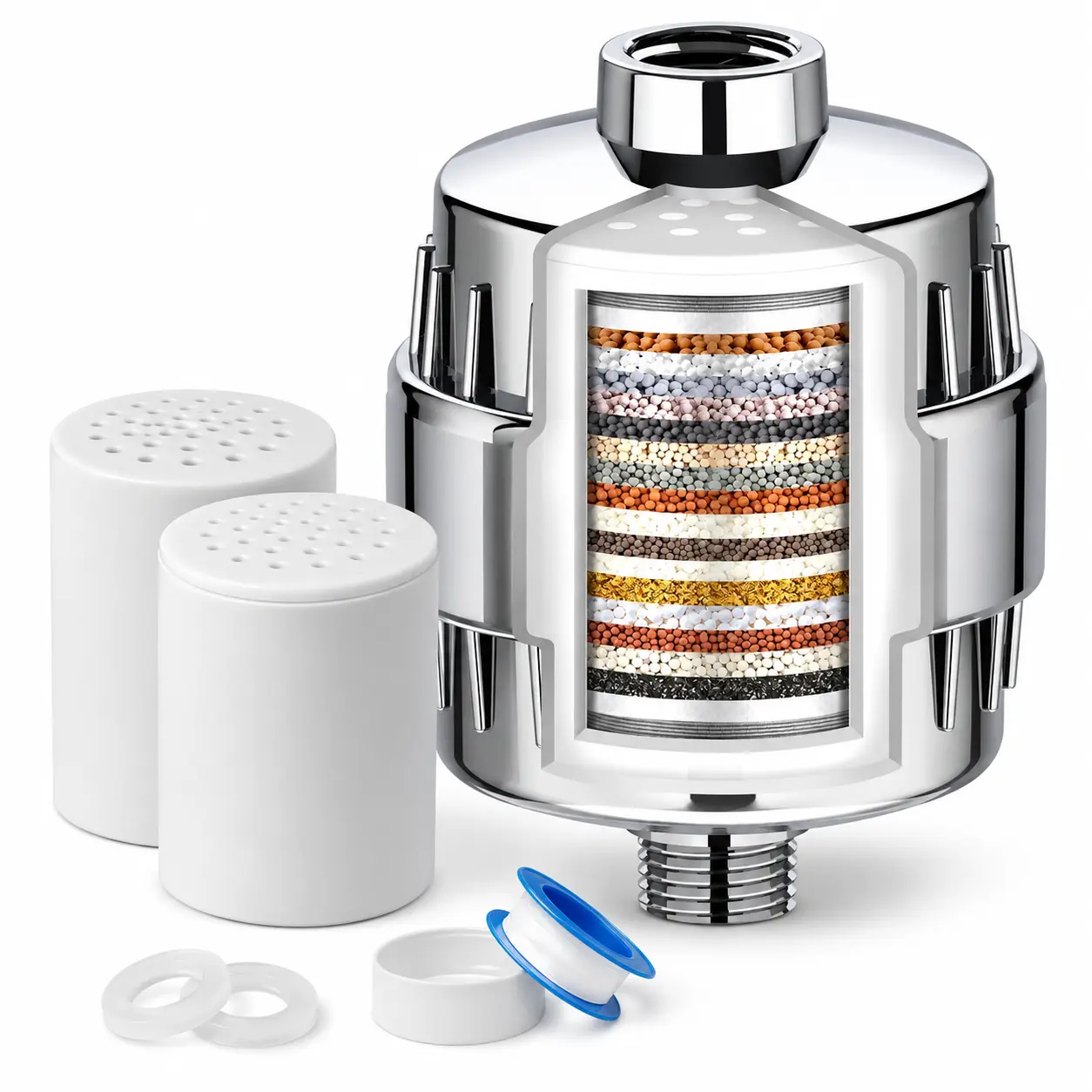 Camping & Hiking 20-Stage Multi-Filtering Shower Filter, Chrome Finish, G1/2 Threads, with 2 Replacement Cartridges (Universal Fit)