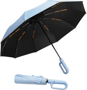Ring Buckle Automatic Folding Umbrella – Windproof 10–12 Rib Compact Travel Umbrella with C-Shaped Handle and UV Protection for Sun and Rain