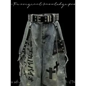 Gothic Punk Wasteland Jeans - Seven-Part Patchwork Wide Leg, Distressed Wrinkled Pants Menswear Trouser Man Streetwear Denim Pocket Tropical Can be used with a raincoat