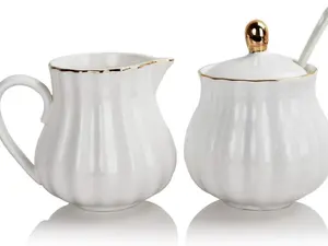 Sweejar Royal Ceramic Sugar and Creamer Set, 3 Piece Set with Cream Pitcher, Sugar Bowl, Sugar Set with Lid & Spoon, Coffee Serving Set Wedding Gift(White)