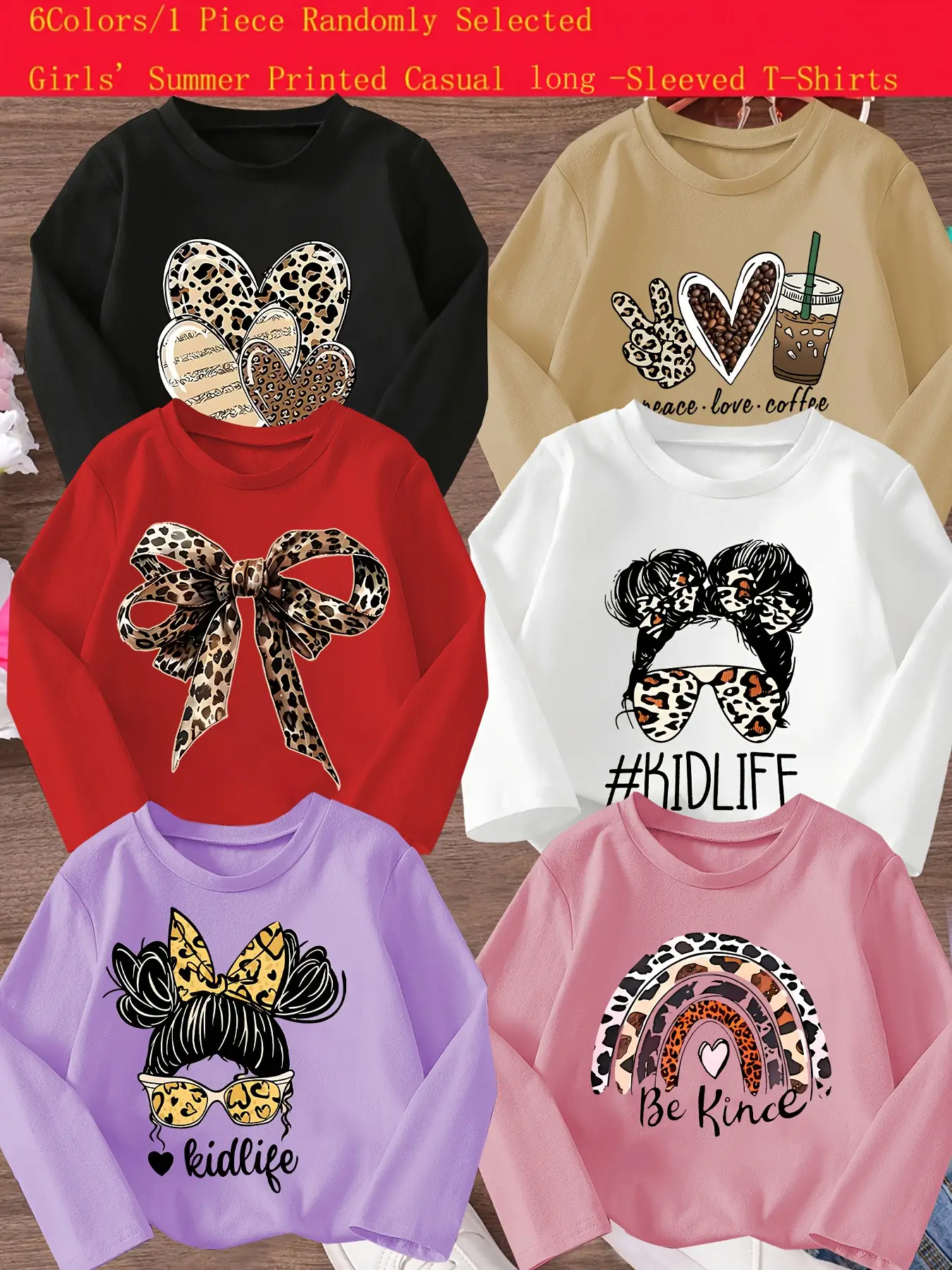 Girls' Leopard Heart Bow Print Long Sleeve T-Shirt, Casual Fitted Top for Spring & Fall, Random Style Gift