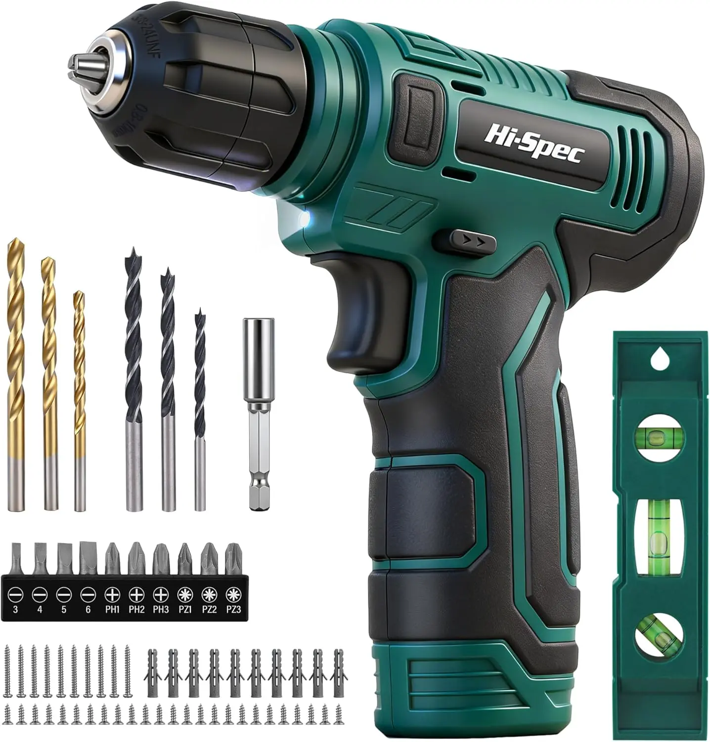 Hi-Spec 8V USB Power Drill Driver Screw Drill Bit Set. Cordless & Rechargeable Electric Drill Driver with Wall Hanging Kit,Green
