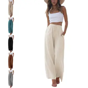 UANEO Women's Cotton Linen Summer Palazzo Pants Flowy Wide Leg Beach Trousers with Pockets Casual Womenswear