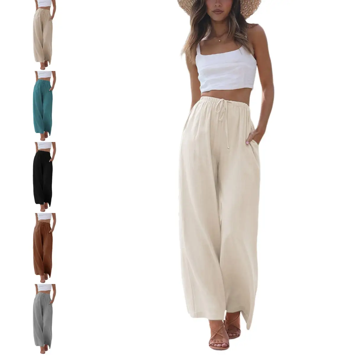 UANEO Women's Cotton Linen Summer Palazzo Pants Flowy Wide Leg Beach Trousers with Pockets Casual Womenswear #TikTokShopBacktoSchool