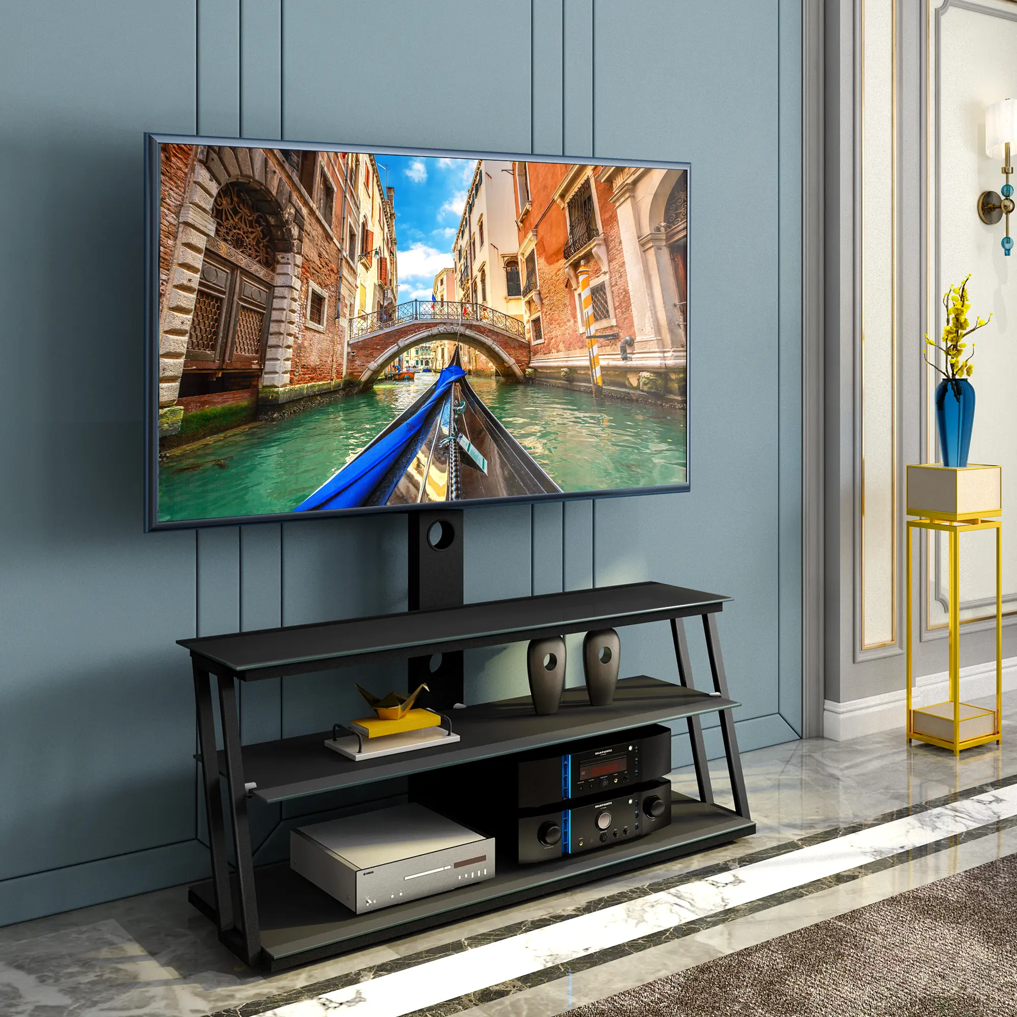 Ultimate Space-Saving TV Stand – Height & Tilt Adjustable Tempered Glass Mount, Swivel Design for Wall/Table Use (Stylish Black)
