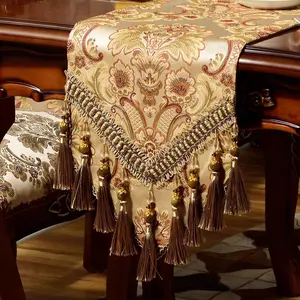 Extra Luxury Velvet Blue Table Runner 72 Inches Long with Vintage Damask Jacquard Design for Dining Room,Living Room,Home Decor,Elegant Beaded Tapestry (Dark Gold, 13*72 inch)