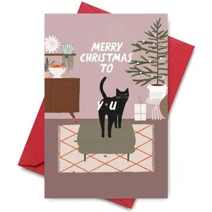 1PC Modern Christmas Greeting Card, Black Cat in Boho Home Design, "Merry Christmas To You" Card, Perfect for Cat Lovers & Boho Style Fans Holiday Season Wishes