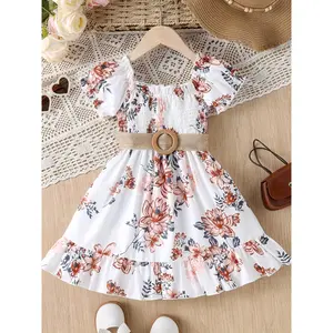 White waist-cinching printed short-sleeve round-neck casual dress for girls