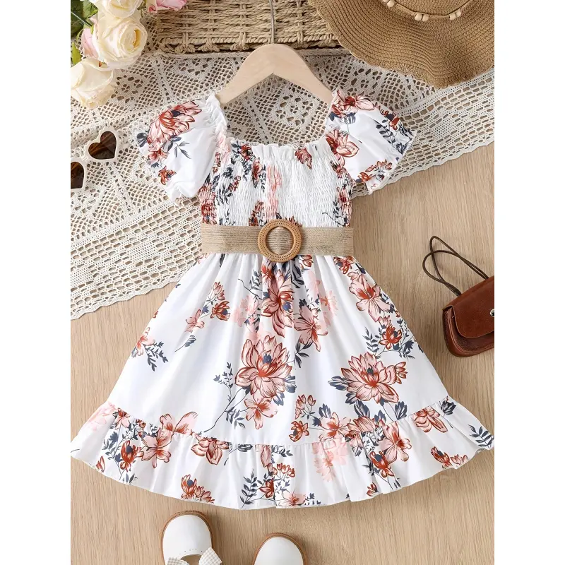White waist-cinching printed short-sleeve round-neck casual dress for girls