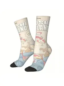 BIIHUDU Men's Anime Kyoshi Island Themed Socks - Full-Body Fish, -like Icon & Text Print - One-Size-Fits-All Travel Socks for