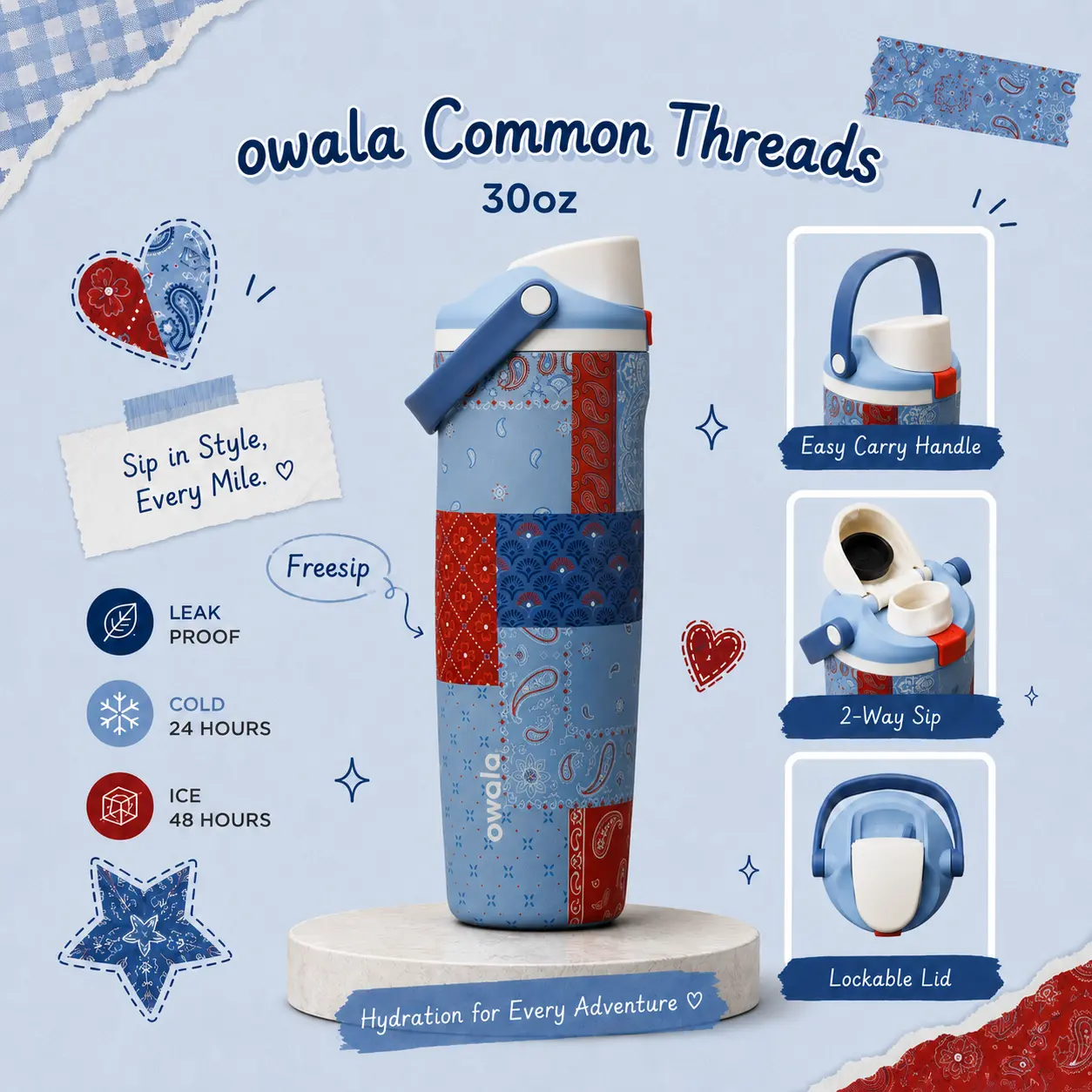 [NEW] Owala Common Threads FreeSip Sway 30oz Water Bottle – Limited Edition USA Patriotic Collection, Travel Gym Bottle Gift for Dad