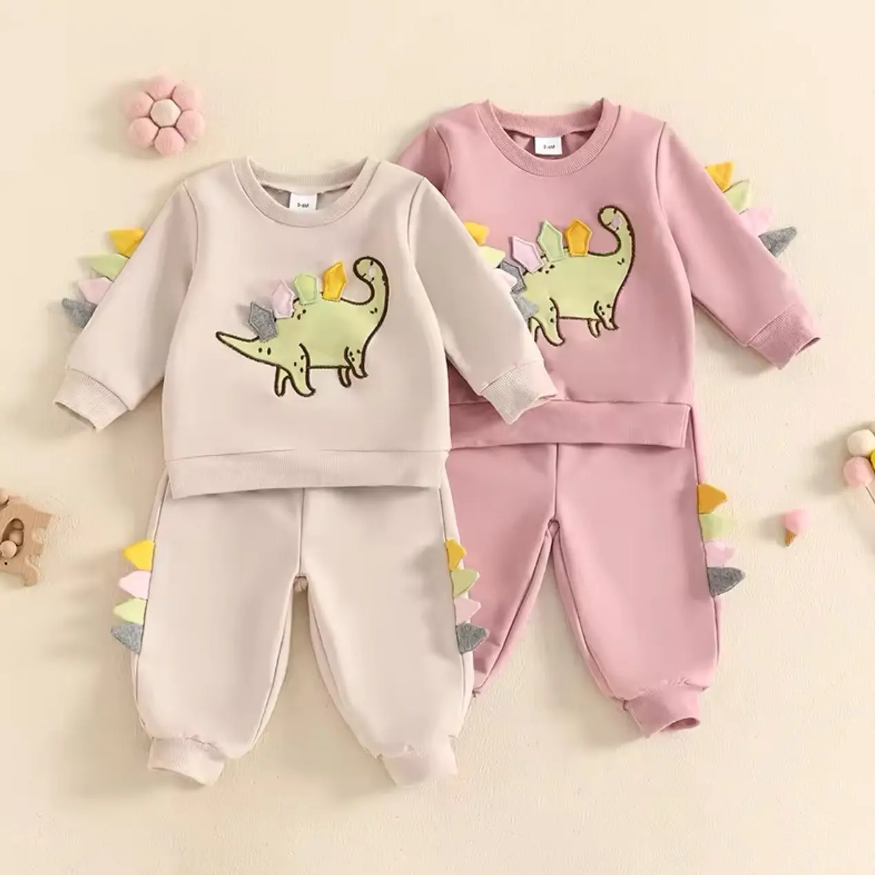 Toddler Girls Boys Outfit Dinosaur Embroidery Long Sleeve Sweatshirts Tops and Long Pants 2Pcs Clothes Set