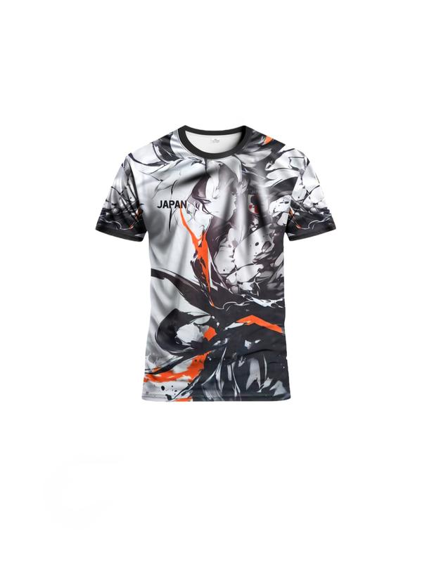 Japanese Anime Men's Football Jersey with Calligraphy Samurai Pattern, Comfortable Sporty Top, Sweat-Absorbing Soft Knit Fabric