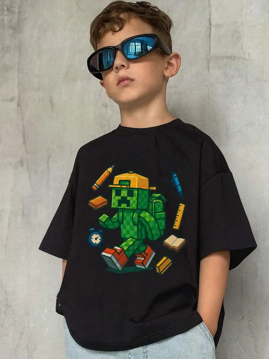 Boy's Back To School Pixel Creeper Graphic T-Shirt, Gamer Kids Style Short Sleeve Tee, Video Game Character School Supplies Print Top For Boys Girls
