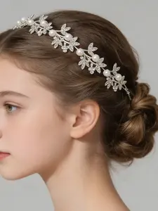 3-Piece Elegant Bridal Hair Accessories Set, Rhinestone Leaf Design with Pearl Accents, Silver Color Metal Headpieces for Weddings