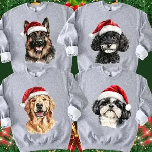Santa Paws Dog Breeds Christmas Ash Grey Sweatshirt, 50 Dog Breeds in Festive Santa Hat Sweater, Dog Lover Shirt Gift