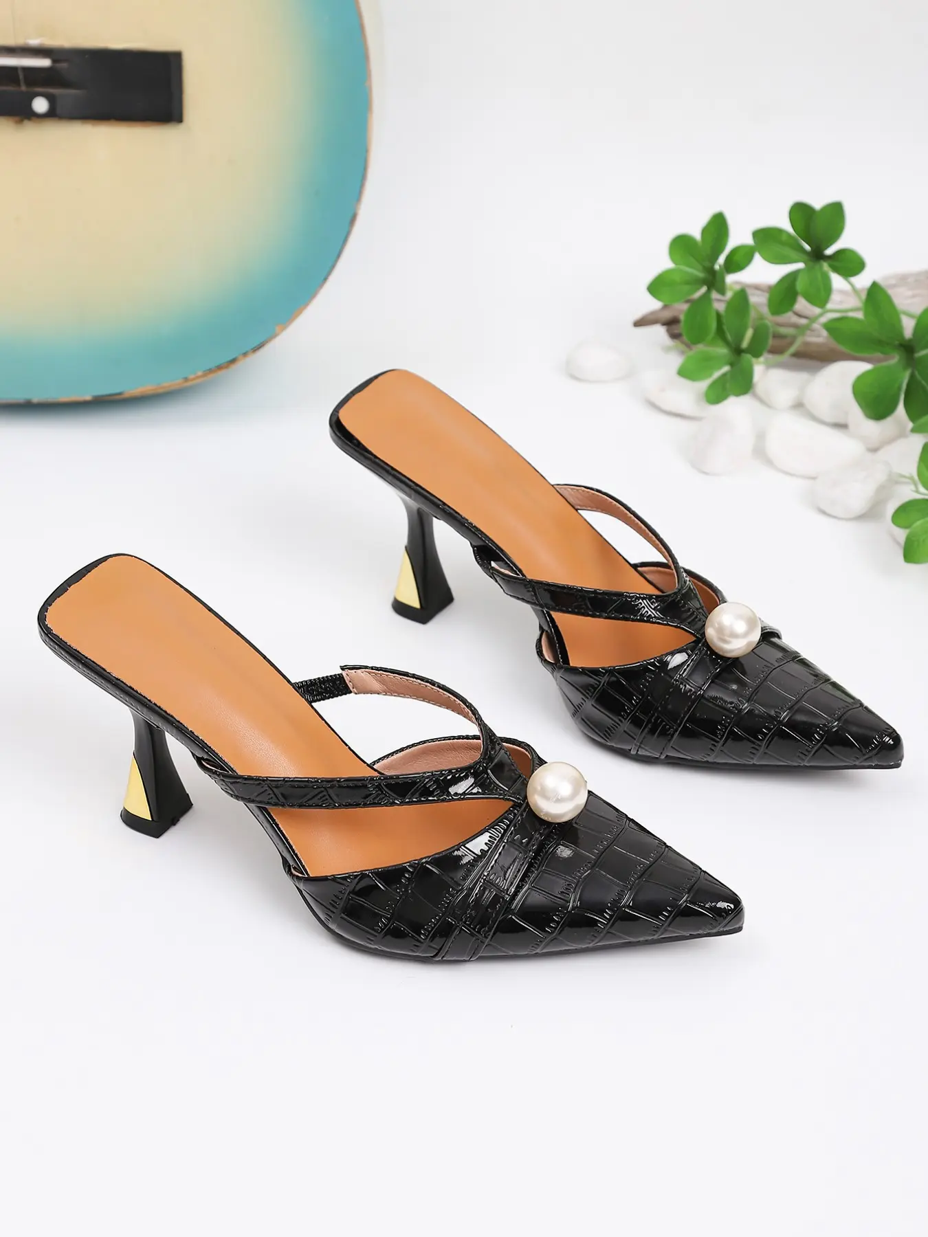Crocodile Pattern Pointed Toe Pearl High Heel Slip On Mules, Cross Strap Women's Shoes, Casual Commuter Date Night Versatile Half Slipper