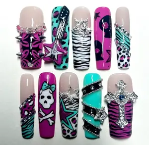 Y2K Rock Star Nails with Pink Zebra, Leopard Prints, 3D Stars, Guitar, Skull Bow, Rhinestones & Punk Chains – Hot Pink Turquoise Emo Scene Nail Art Set