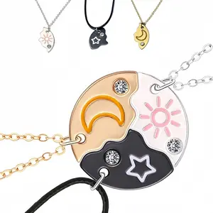 Set of 3 Round Rhinestone Star Moon Sun Necklace BFF Friend Necklace for 3 Friend, Puzzle Design BFF Jewelry for Best Friends & Sisters Matching Necklaces for Best Friends, Friendship Jewelry Gifts for Women, Sisters, and Special Occasions