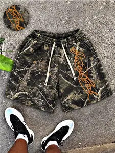 Vintage Letter Embroidery Plant Camouflage Shorts, Men's Summer Essential, Fitted Streetwear Style, Unlined, Plain Surface