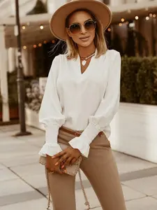 Women's Minimalist Ruffle Trim Shirred Casual Notched Neckline Long Sleeve Blouse, Elegant Chic Basic Shirts for Lady, Going Out Tops, Fall Clothing Women, Casual Office Outfits Women, Comfort Flounce Sleeve Top, Casual Classy Top, Blouses Shirts Tops