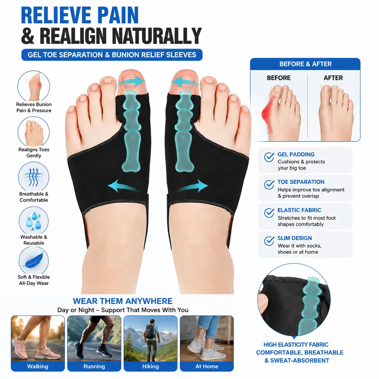 2-Pack Silicone Toe Spacers for Bunion Relief - Soft Gel Cushioned Big Toe Straighteners for Women, Comfortable Separators for Hiking & Everyday Use (Beauty & Personal Care Pedicure Tool)