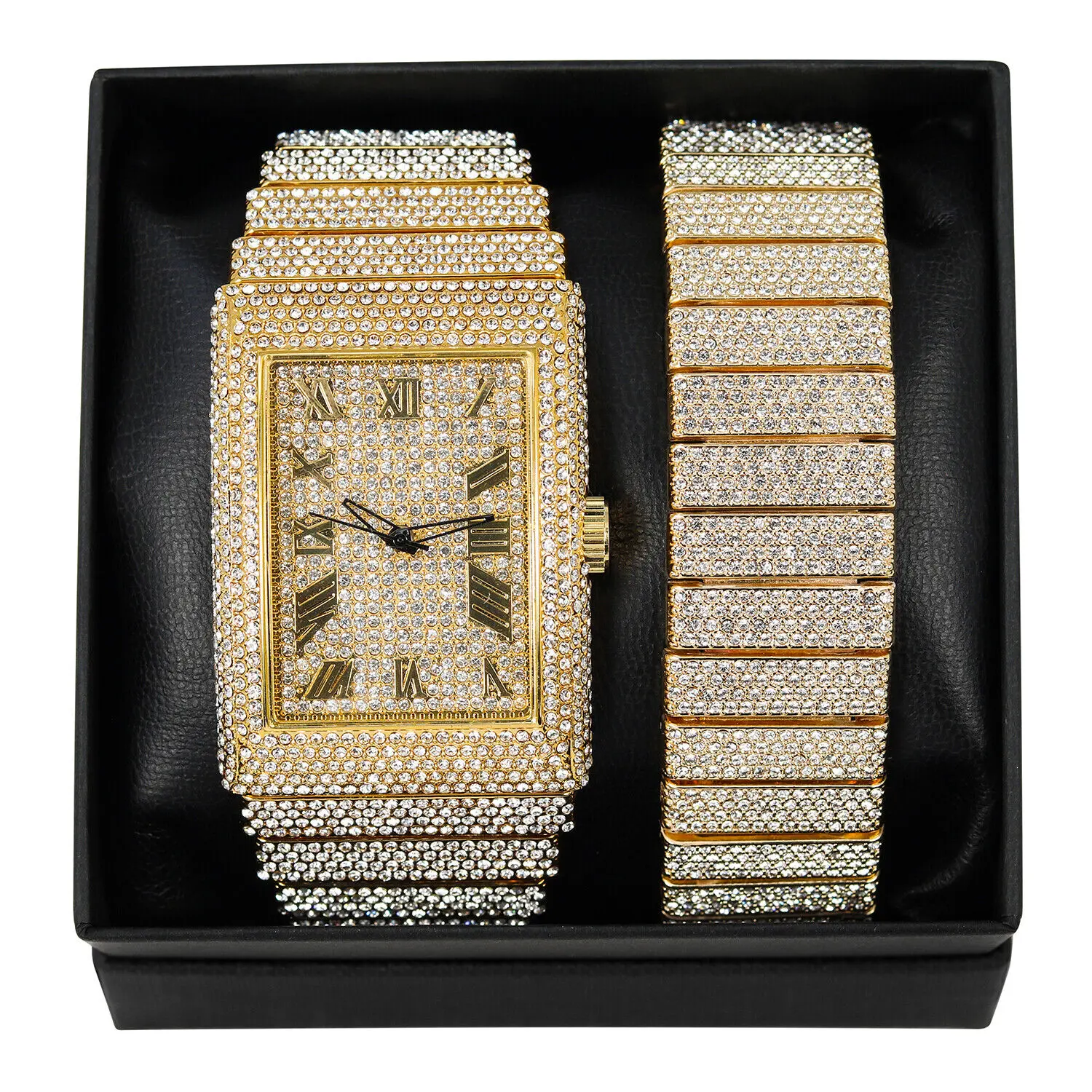 MaxBling81 Men's Iced Out Hip Hop Wristwatch and Bracelet Set, Gold-Finished Metal with Laboratory Diamonds, Square Face Waterproof Analog Quartz, Laboratory Diamond Wristwatch, Luxury, Quartz Wristwatch, Gift Box Packaging
