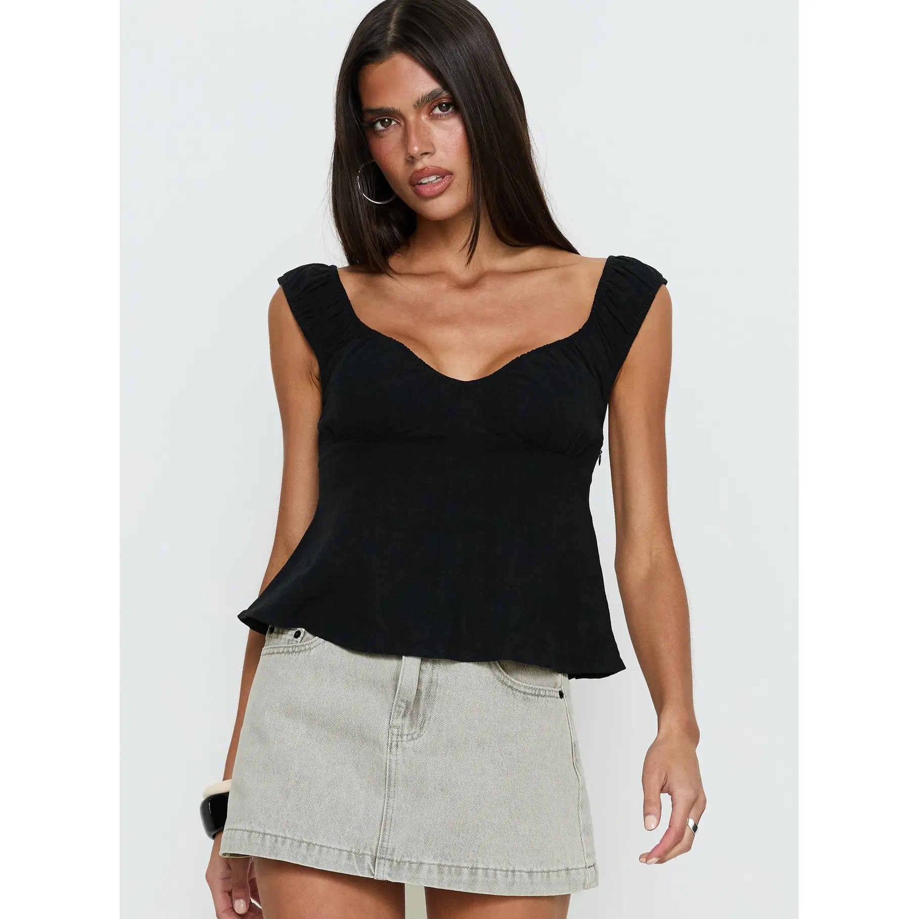 With Pleasure Puff Sleeve Linen Blouse Top Black
