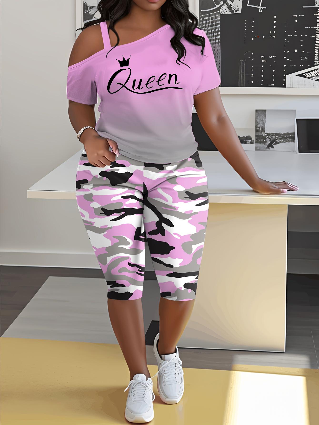 Women's 2-Piece Casual Chic Cowl Neck Shortsleeve Outfits - "Queen" Lettering Camisole, Camouflage Shorts, Casual Vacation Wear, Casual Chic Set