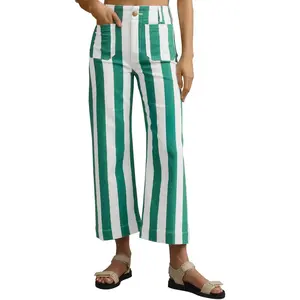 Womens Cropped Striped Jeans Casual High Waisted Stretchy Polka Dots Straight Leg Denim Pants with Pockets