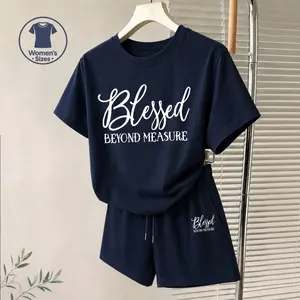 Women's Blessed Beyond Measure Graphic Short Sleeve T-Shirt And Shorts Set, Casual Summer Two-Piece Outfit With Crew Neck Top And Drawstring Waist Shorts For Daily Wear