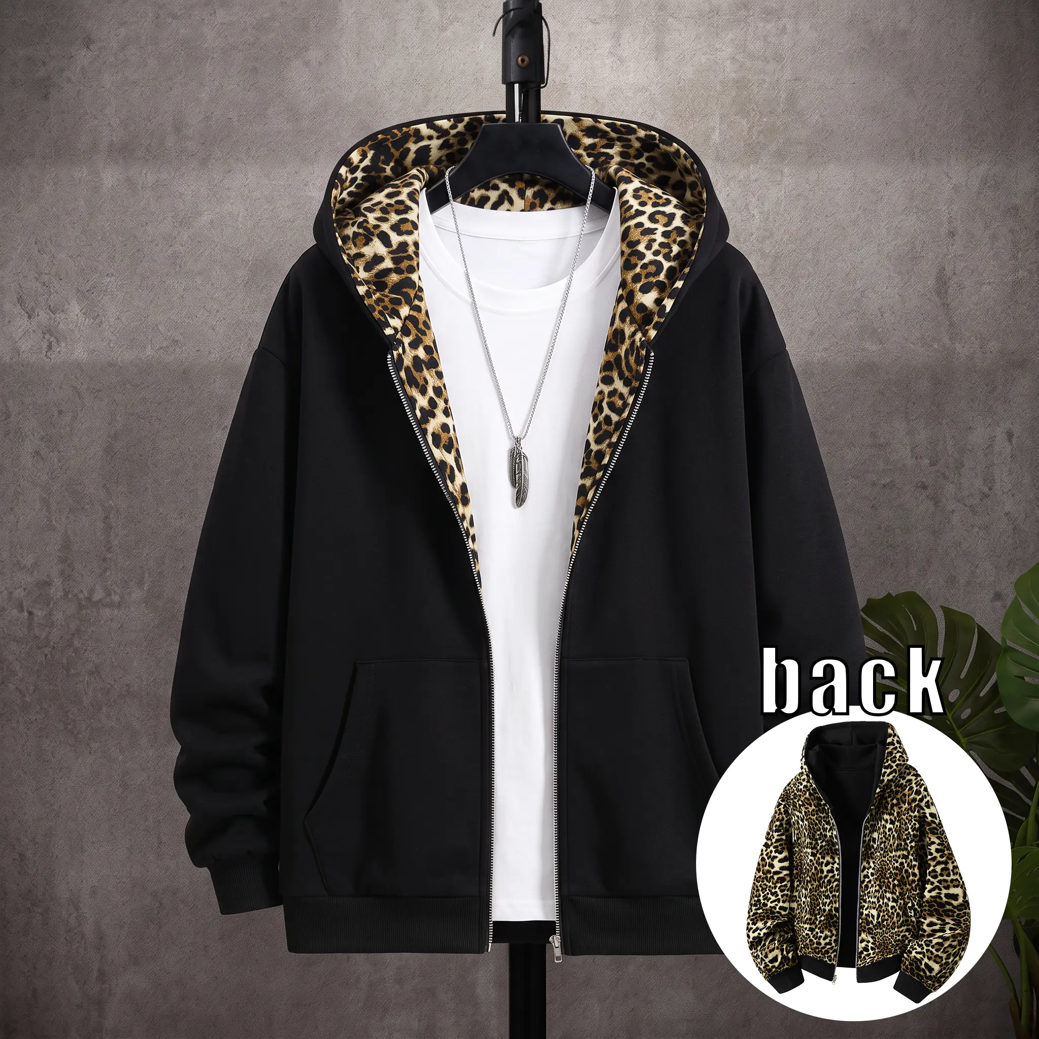 Unisex cotton zip-up hoodie sweatshirt with leopard lining, wearable on both sides;  loose long-sleeve sports hooded top, retro street casual wear; menswear; suitable for everyday wear, commuting, and streetwear. fall clothes hoodies men dreaming merch