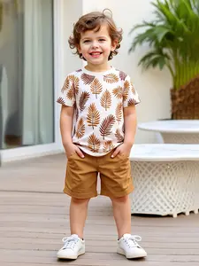 Boys Fresh Leaf Print Short Sleeve T-Shirt and Shorts Set, Summer Casual for Kids Aged 4-8, Outdoor Playwear