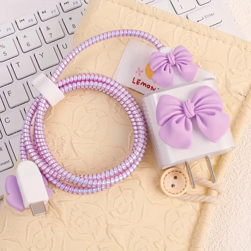 Cute Bow Decor Charger Protective Case Set, Anti-breaking Charger Head Saver & Data Cable Protector, Mobile Phone Electronic Accessories for iPhone 18W/20W Charger USB Cable