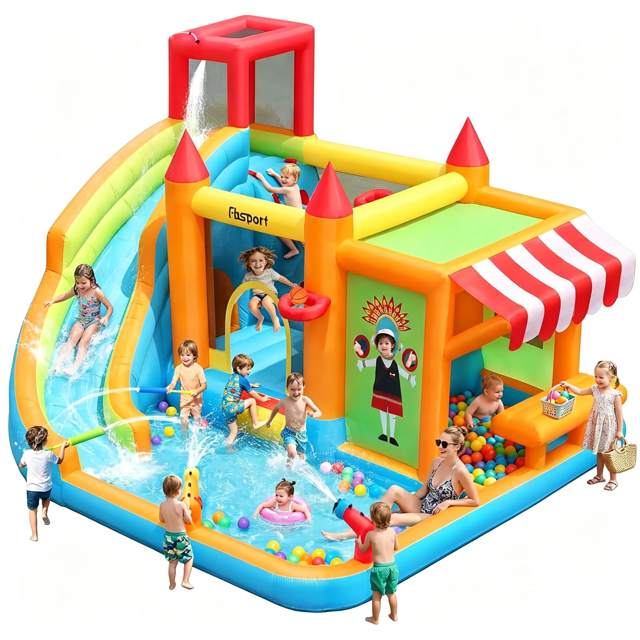 FBSPORT Inflatable Bounce House,  Water Slide with Jumping Area, Climbing Wall, Toy Market Stand, Splash Pool, Water Gun and Ball Dart, Bouncy Castle, Indoor Outdoor Jumper for Children, 620W Air Blower Included