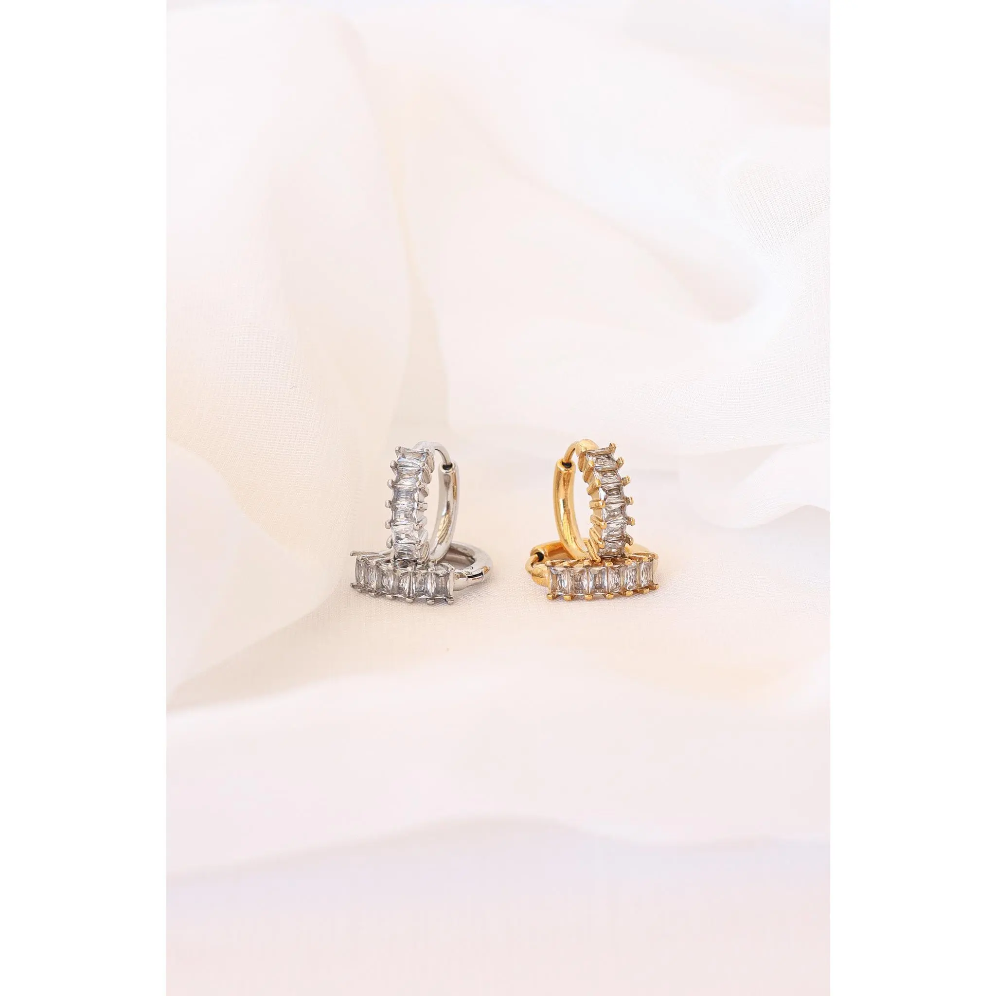 Aura Hoop- CZ Baguette Hoop Earring with Leverback- Hypoallergenic, Tarnish Free, Waterproof Jewelry made with 18k Gold PVD Plated Stainless Steel