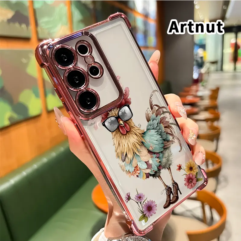 Fashionable Feathered Rooster Mobile Phone Case Compatible with Samsung Galaxy S23 Ultra S24 Plus S25 S22+ FE Edge Four Corner Anti-drop Shockproof Non-slip Silicone Transparent Protective Cover