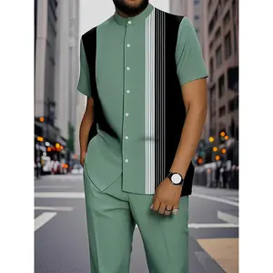 Men's 2-Piece Knit Menswear Set, Polyester Stretch Fabric Striped Print Collared Short-Sleeve Shirt & Casual Regular-Fit Plus-Size Outfit for Street Style, Seaside Vacation