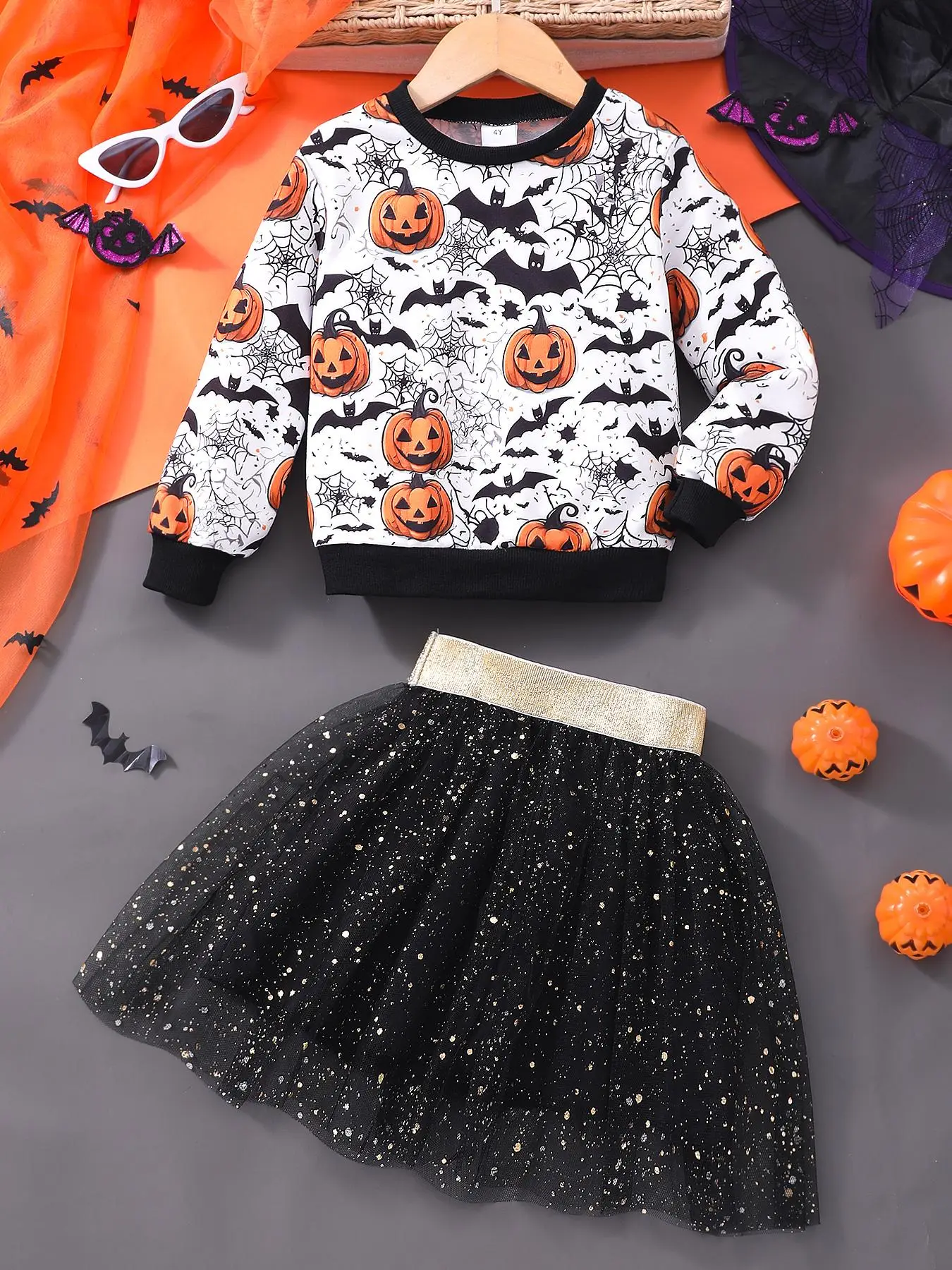 Girl's Cartoon Print Sweatshirt & Glitter Mesh Skirt Two-piece Set, Halloween Casual Long Sleeve Round Neck Pullover & Skirt for Daily Wear, Kids Fall