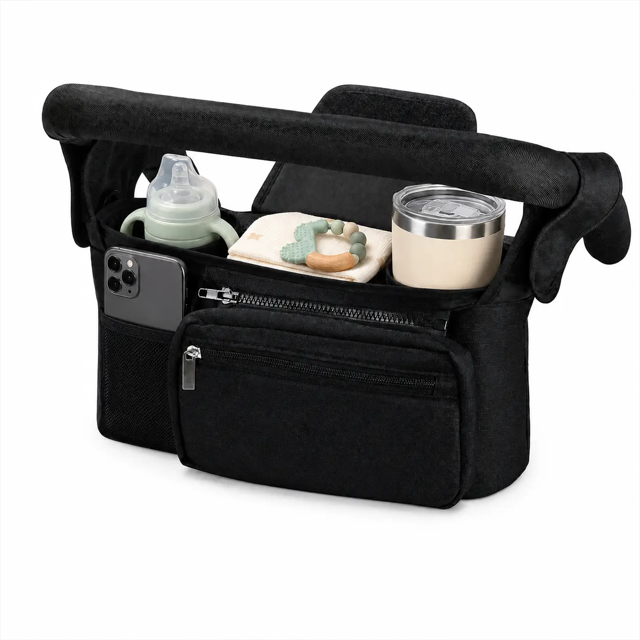 Universal Stroller Organizer with 2 Insulated Cup Holders, Detachable Wristlet & Shoulder Strap, Large Capacity Stroller Caddy with Phone Pocket, Adjustable Velcro & Hooks