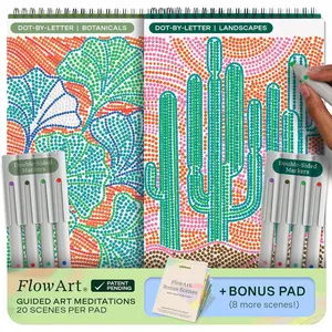 Lifelines FlowArt Activity Pads, 2-Pack & Bonus Pad - Guided Dot-by-Letter Art Meditations - 8 Double-Sided Markers & 48 Scenes - Color by Number/Letter Coloring Books for Tweens, Adults & Seniors