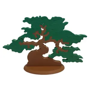 Survivor-Inspired Bonsai Tree Puzzle Decoration - Wooden Jigsaw Game with Green Bonsai Tree and Brown Base