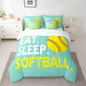 Feelyou 7-Piece Softball Bedding Set - Bedsheet Sets with Comforter & Blanket, Multi-Size, Machine Washable, Green Sports-Themed Bed-in-a-Bag for Teens