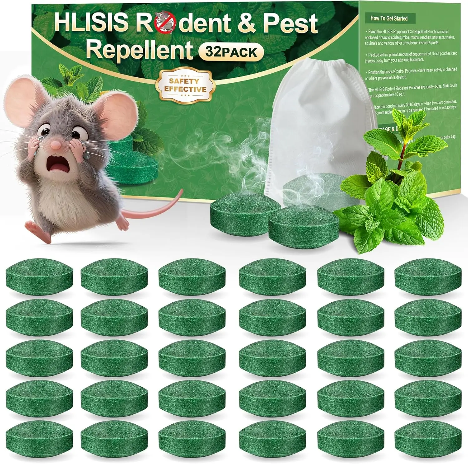 32PCS Natural Peppermint Oil Rodent Repellent - Multi-Pest Control for Mice, Rats, Squirrels, Spiders - Indoor-Outdoor Home & Garden Protection